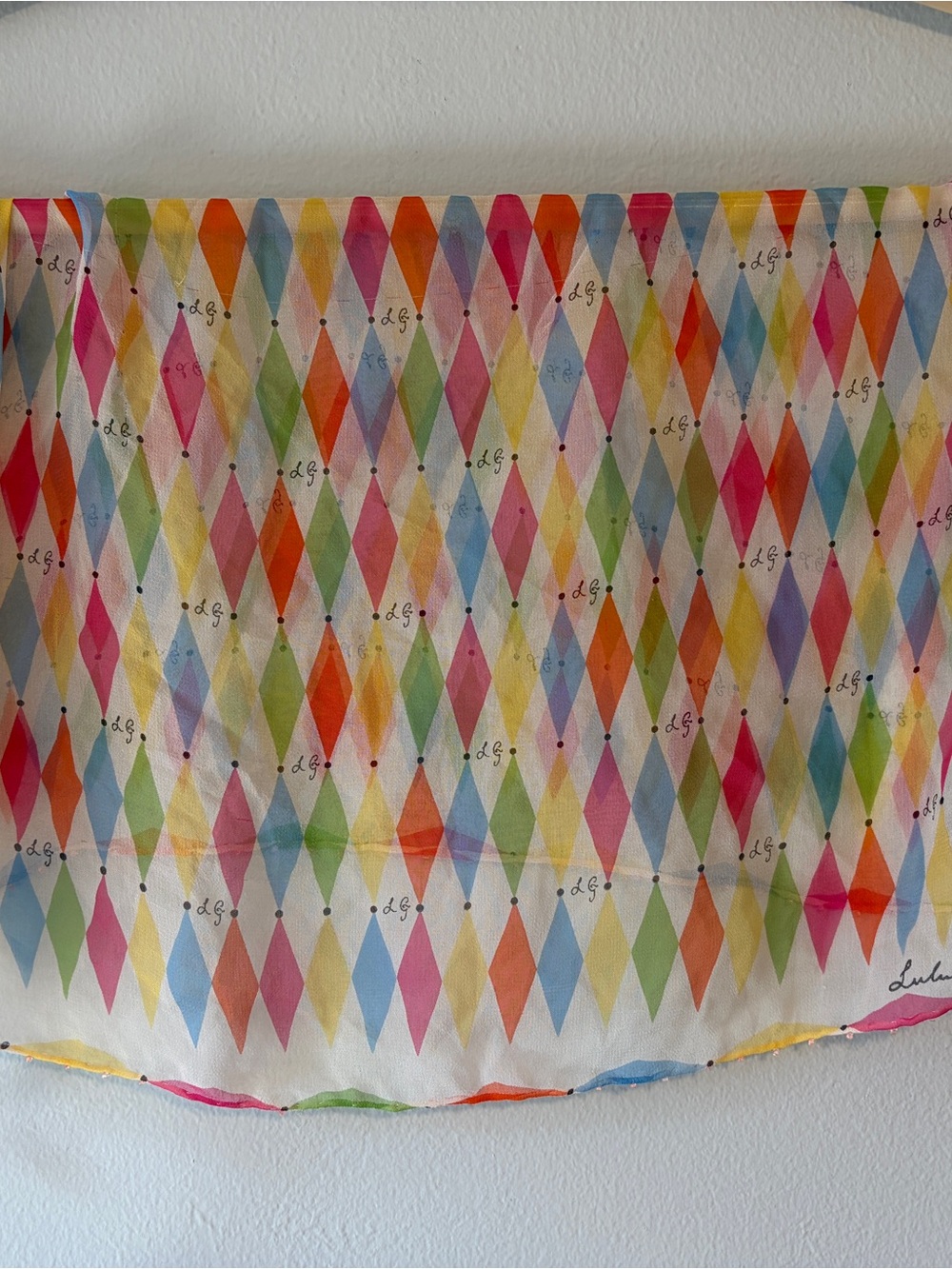 Lulu Guinness Harlequin Diamond Print Beaded Scarf 20” Designer